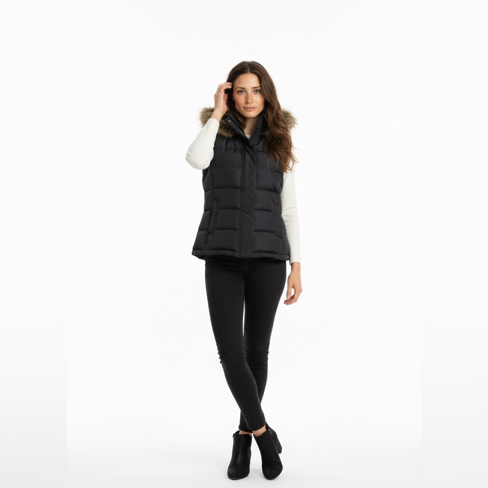 Talbots Black Puffer Vest Women Hooded Faux Fur Quilted Zip Up Sleeveless Jacket